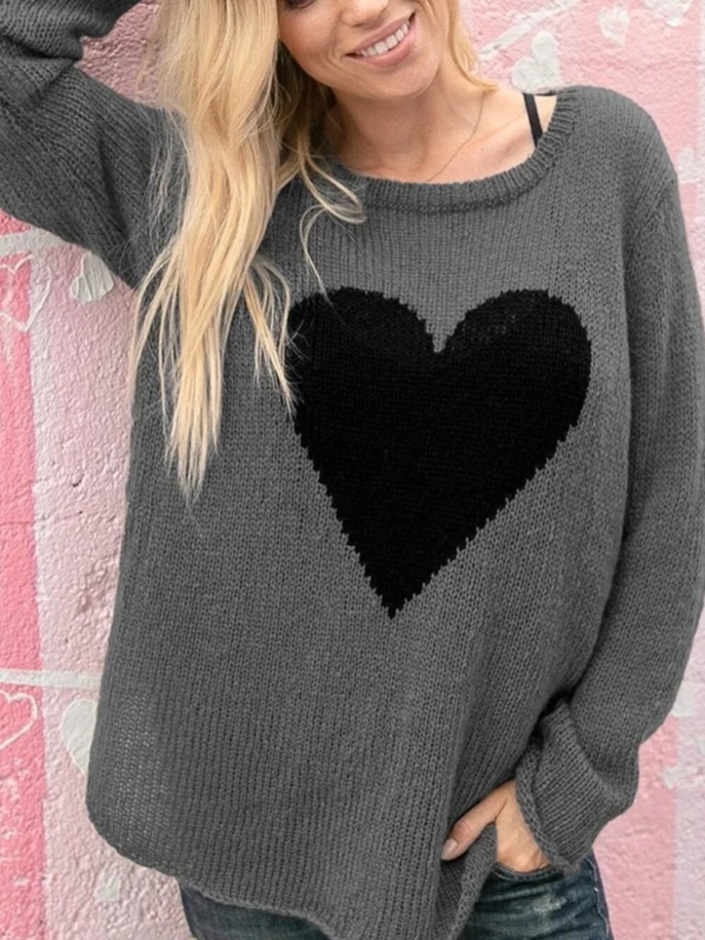 WOODEN SHIPS Gray w/ Black Heart Boxy Sweater – M/L